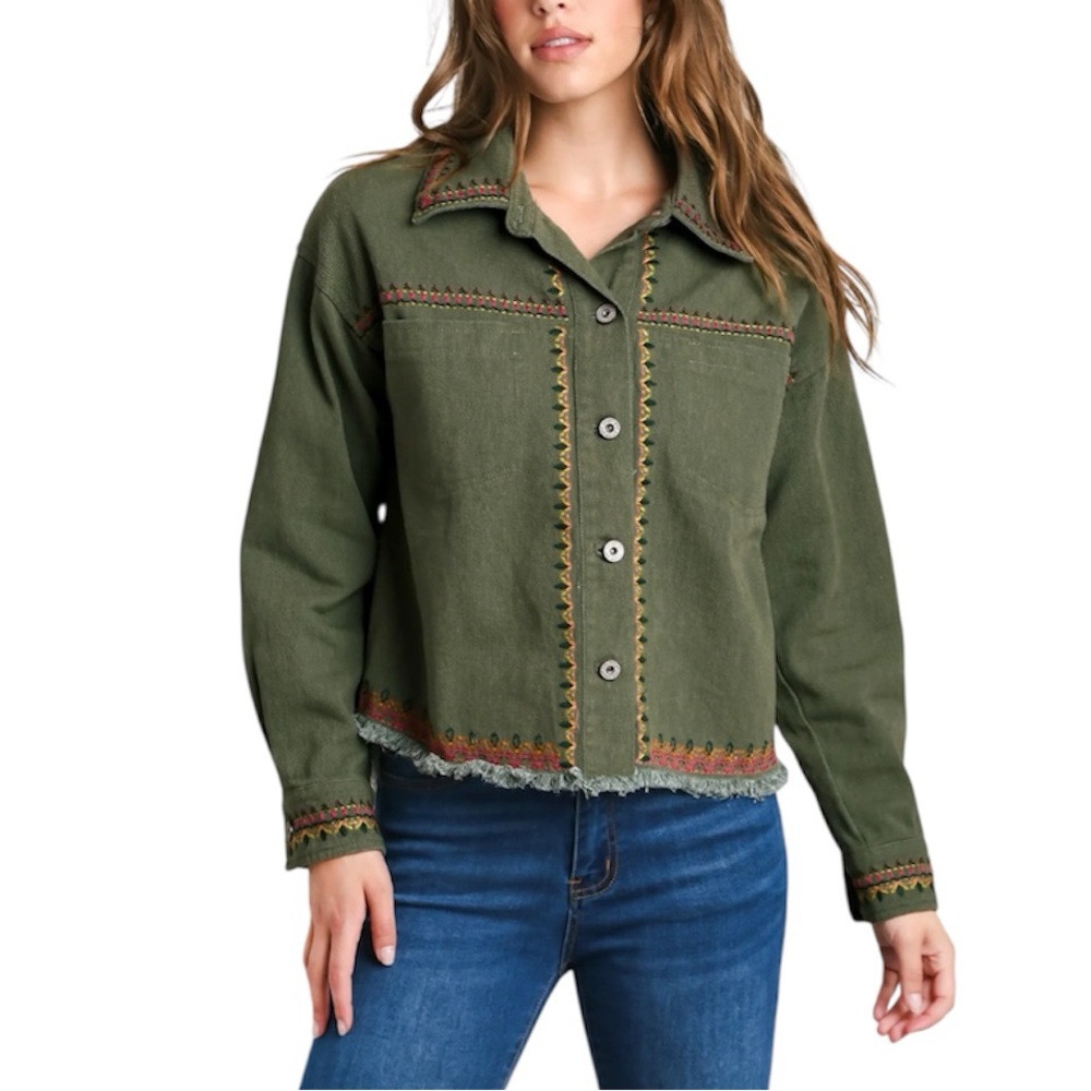 NWT Solid Twill Jacket with Embroidery Detail Green Western Southwestern